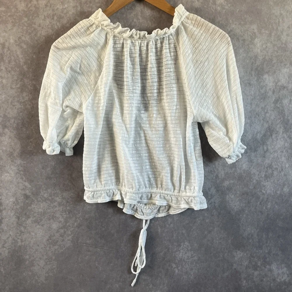 Free People Blouse Womens Small White Ruffle Puff Sleeve Drawstring Cropped Top